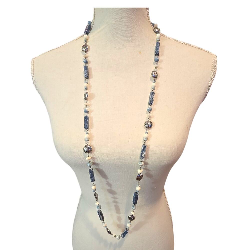 Silver Floral Spacers Necklace Blue Acrylic Beads Solo Layering 32" Jewelry